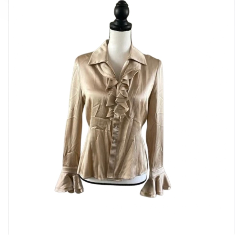 St. John silk Ruffled Long Sleeve button up Blouse champagne crystal buttons - Picture 5 of 17